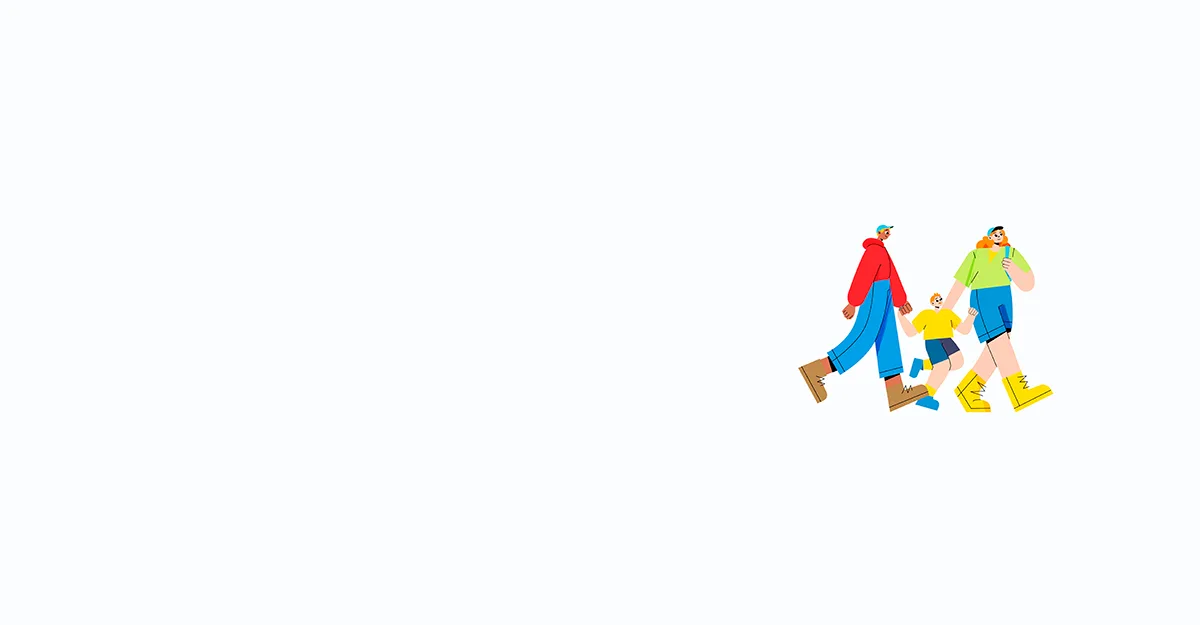 A cartoon of 2 adults and 1 child, all dressed in bright clothes, holding hands and walking together. 