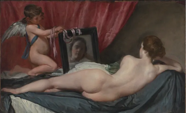 Classic painting of a nude woman reclining and looking into a mirror being held by a child.