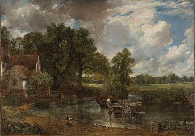 A painting of a farmer with a cart in a pond.