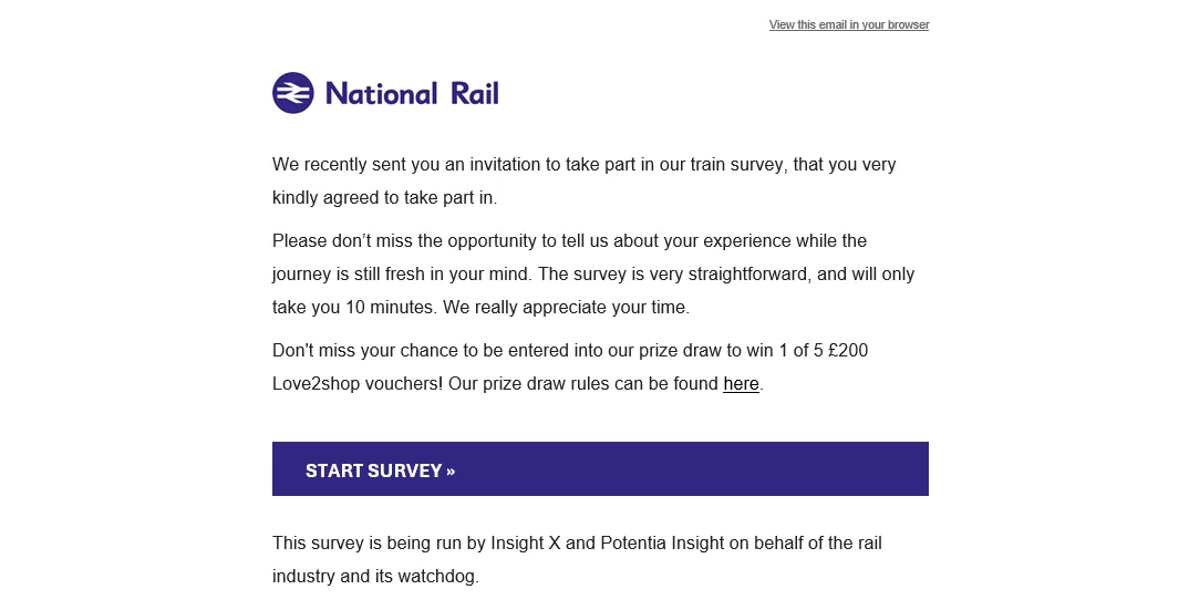 Screenshot of an email sent from National Rail to customers detailing the invitation to take part in a survey. 