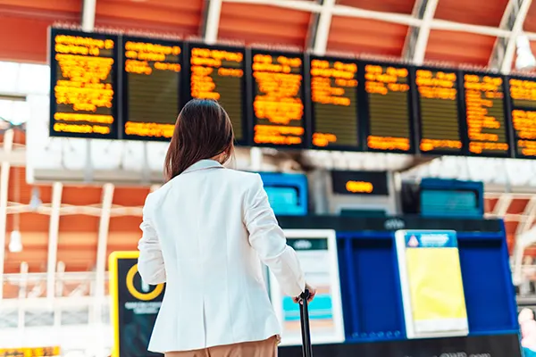 Person in white jacket looking at departure board with yellow text displays at railway station.