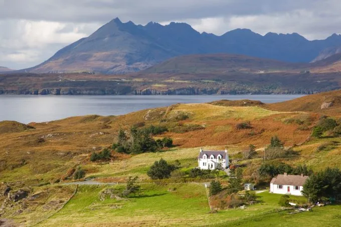 Greens and browns of the scottish highland landscape, are dotted with little white houses, with a lake and mountains in the foreground, beneath a moody grey sky.
